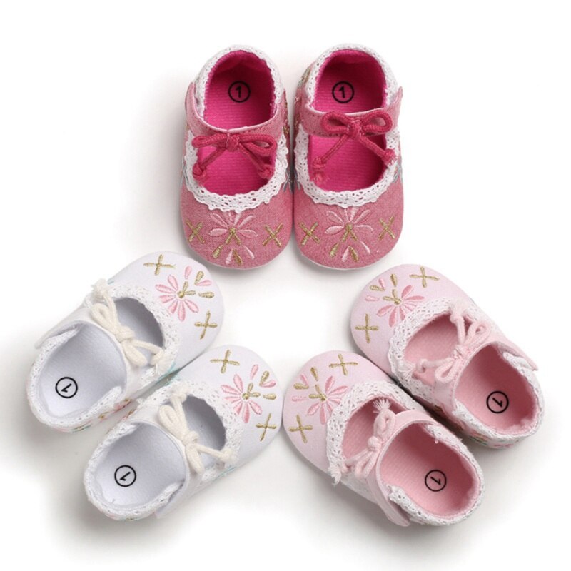 Baby Girl First Walkers Cartoon Floral Embroidery Soft Sole Baby Crib Shoes With Bowknot 0-18M