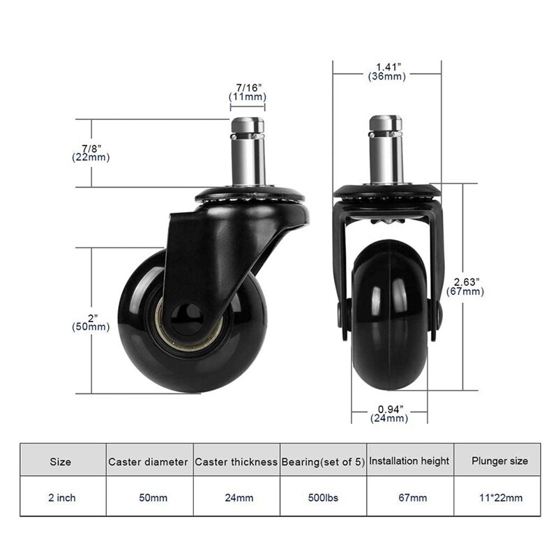 Office Chair Caster Replacement, 2Inch Desk Chair Casters Rolling Smooth Safe, Fit Most Chairs Set of 10
