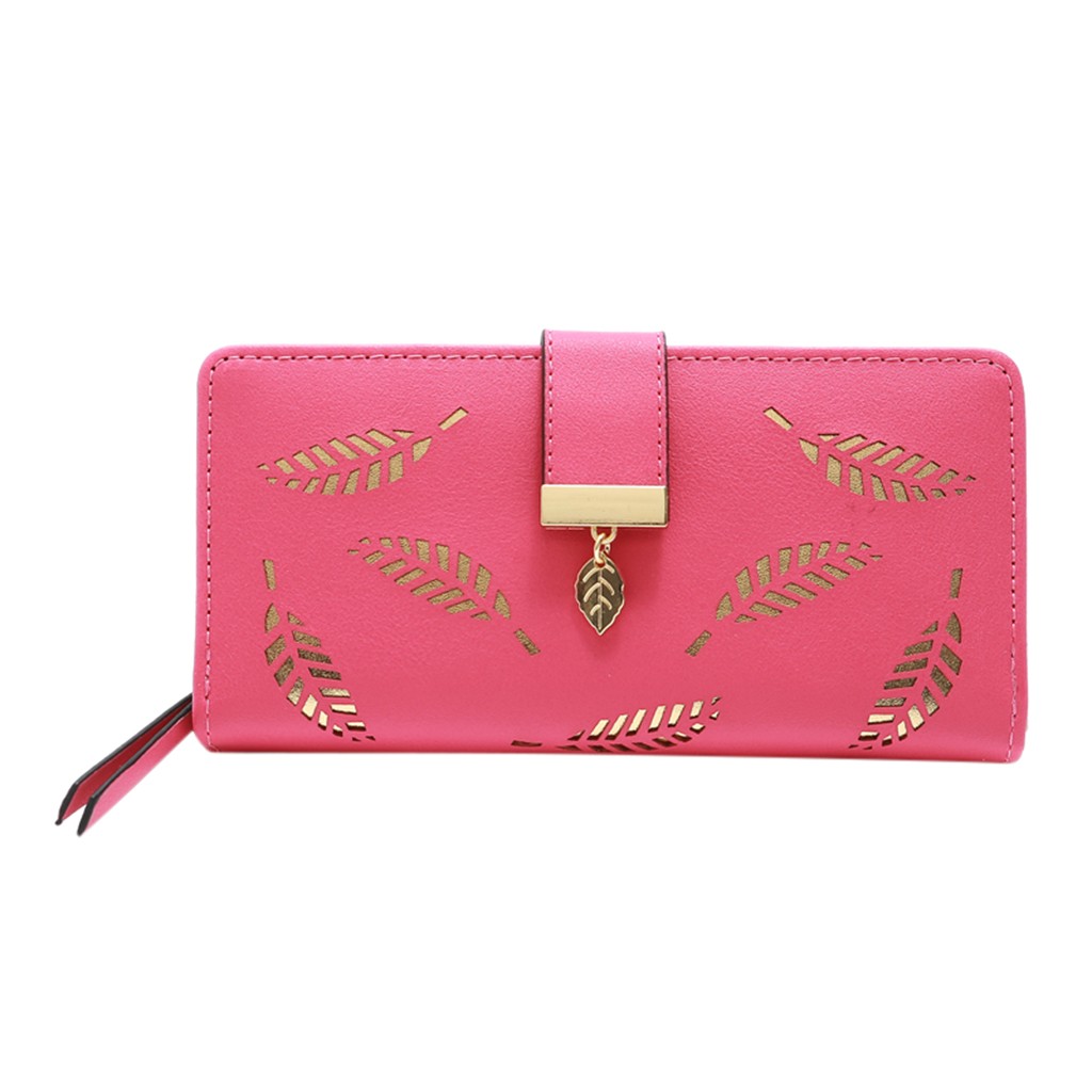 Vrouwen Portemonnee Pu Lederen Tas Vrouw Lange Wallet Gold Hollow Bladeren Pouch Handtas Voor Vrouwen Portemonnee Kaarthouders Clutch #14: Hot Pink