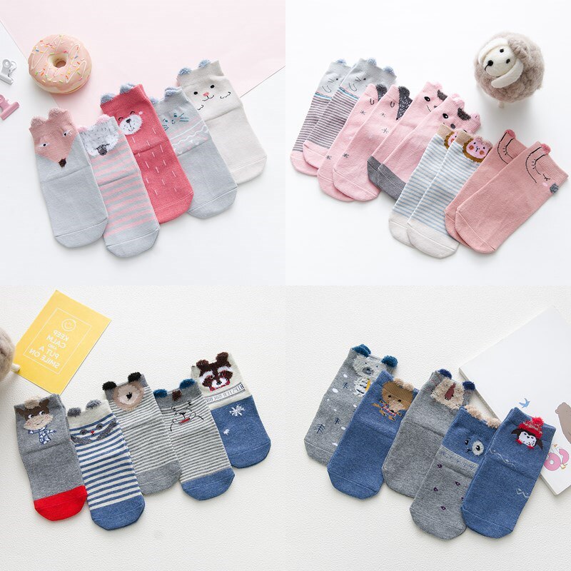5 Pairs Schattige Kinderen Katoenen Sokken Peuter Baby Jongen Meisje Enkel Baby Casual Herfst Cartoon Dier Grappig Lot Pack crew Lente