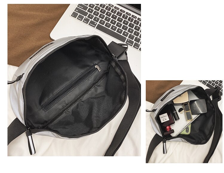 Nova marca de moda feminina saco de peito saco de desporto bolsa de ombro hip-hop personalidade cintura saco noite equitação reflexivo