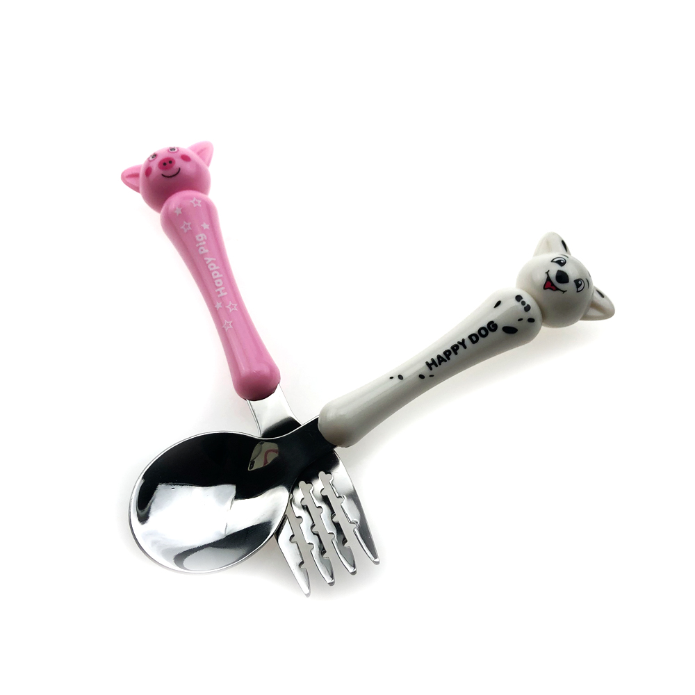 Cartoon Stainless Steel Spoon Fork for Kids Children Baby Food Feeding Tableware Cute Pig and Dog