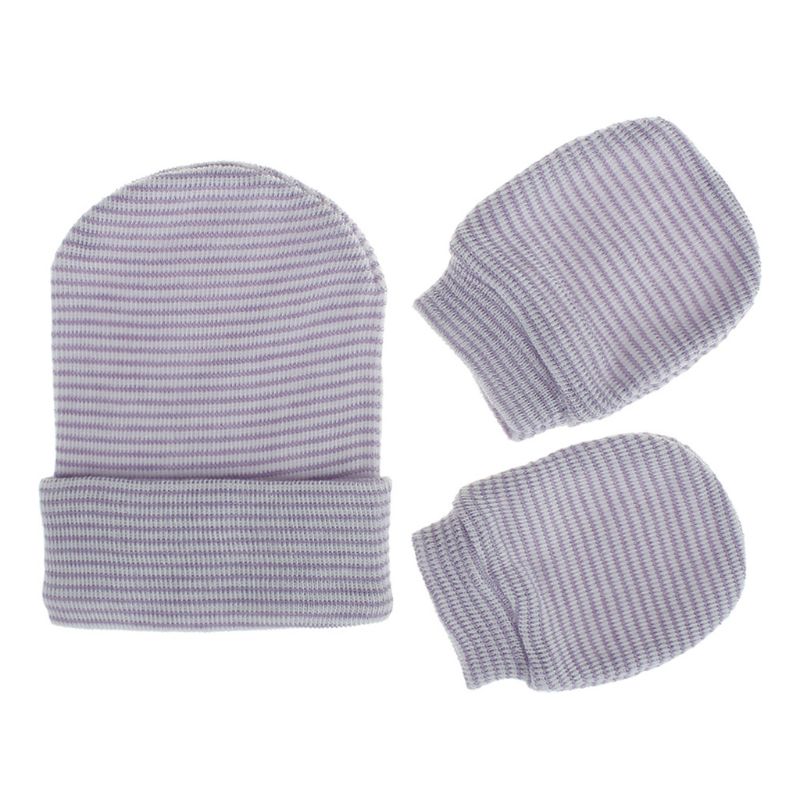 2Pcs Baby Anti Scratching Cotton Gloves Single Layer Hat Set Mittens Cap Kits: Purple 