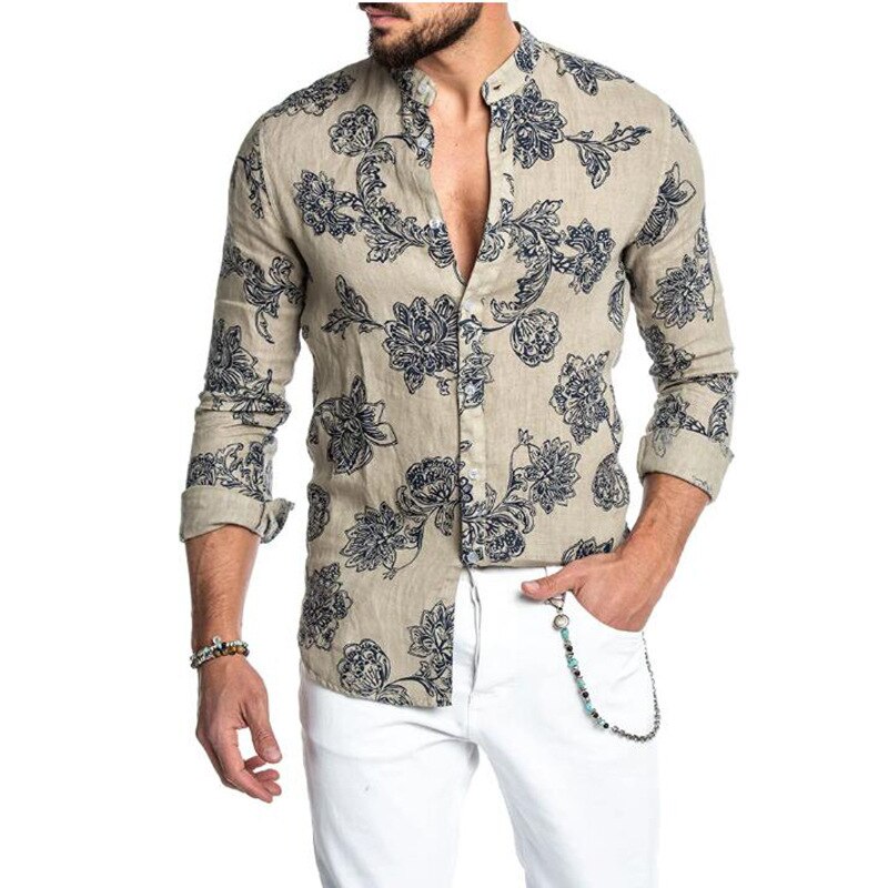 2021Spring And Autumn Mens Cotton Linen Shirt Casua Blouse Loose Tops Hawaiian Print Beach Single Breasted Men Long Sleeve Shirt