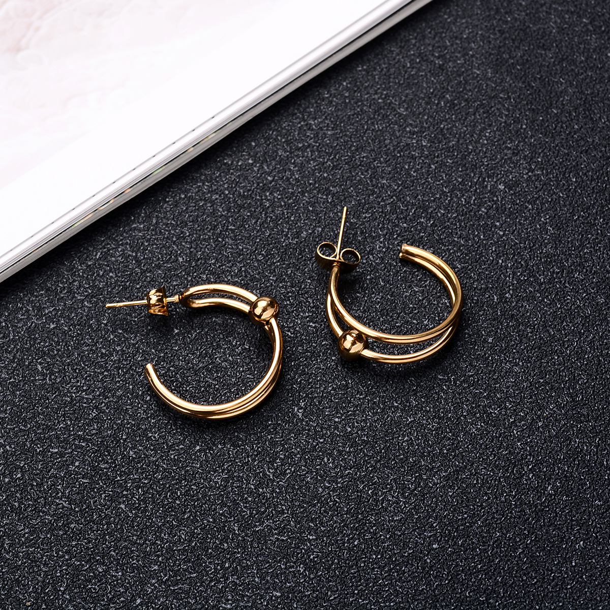 316l Stainless Steel Earrings Hoops With Ball Earing Double Layer Different Circle Round Gold Big Large Thick Hoop Earring: 3 gold small