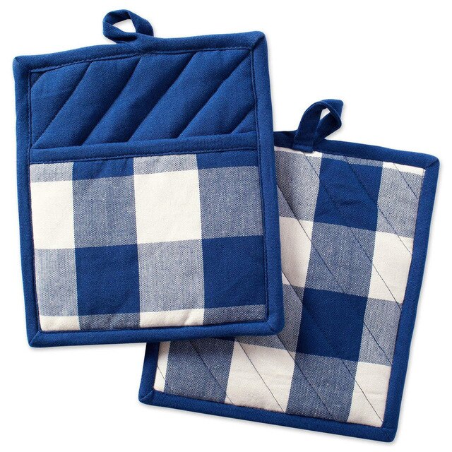 2PCS Buffalo Check Pot Holders Cotton Potholders Buffalo Plaid Cloth Gloves Pocket Set Kitchen Collection Check Plaid Set: Blue White