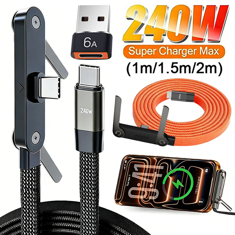 240W Super Fast Charging Data Cable 2-in-1 Folding Stand For iPhone 17 16 For Android Holder Charger Cable Type-C To C USB To C