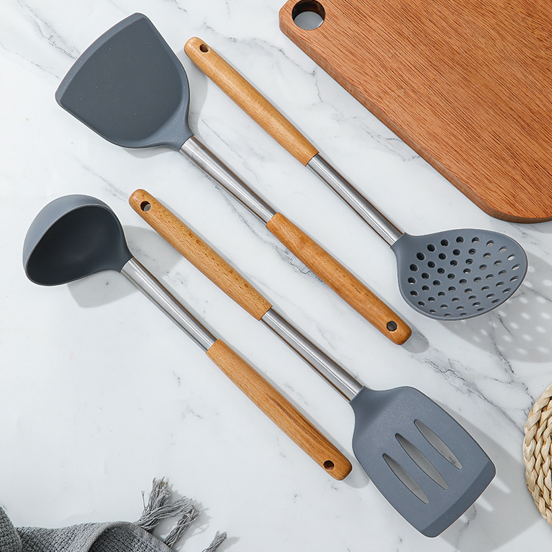 Silicone Kitchen Utensils Wooden Handle Non Stick Pot Kitchenware Cooking Set Heat-resistant Soup Spoon Pasta Colander Shovel
