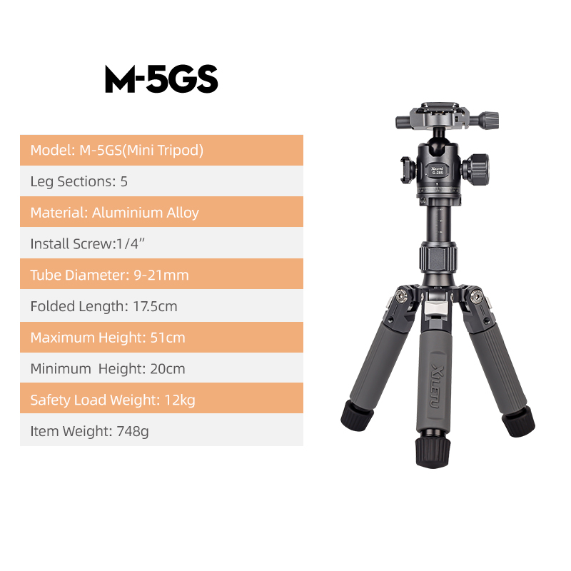 Xiletu  m5g mini bärbart lättviktigt resestativ bordsvideo ministativ med 360 graders kulled för kamera dslr