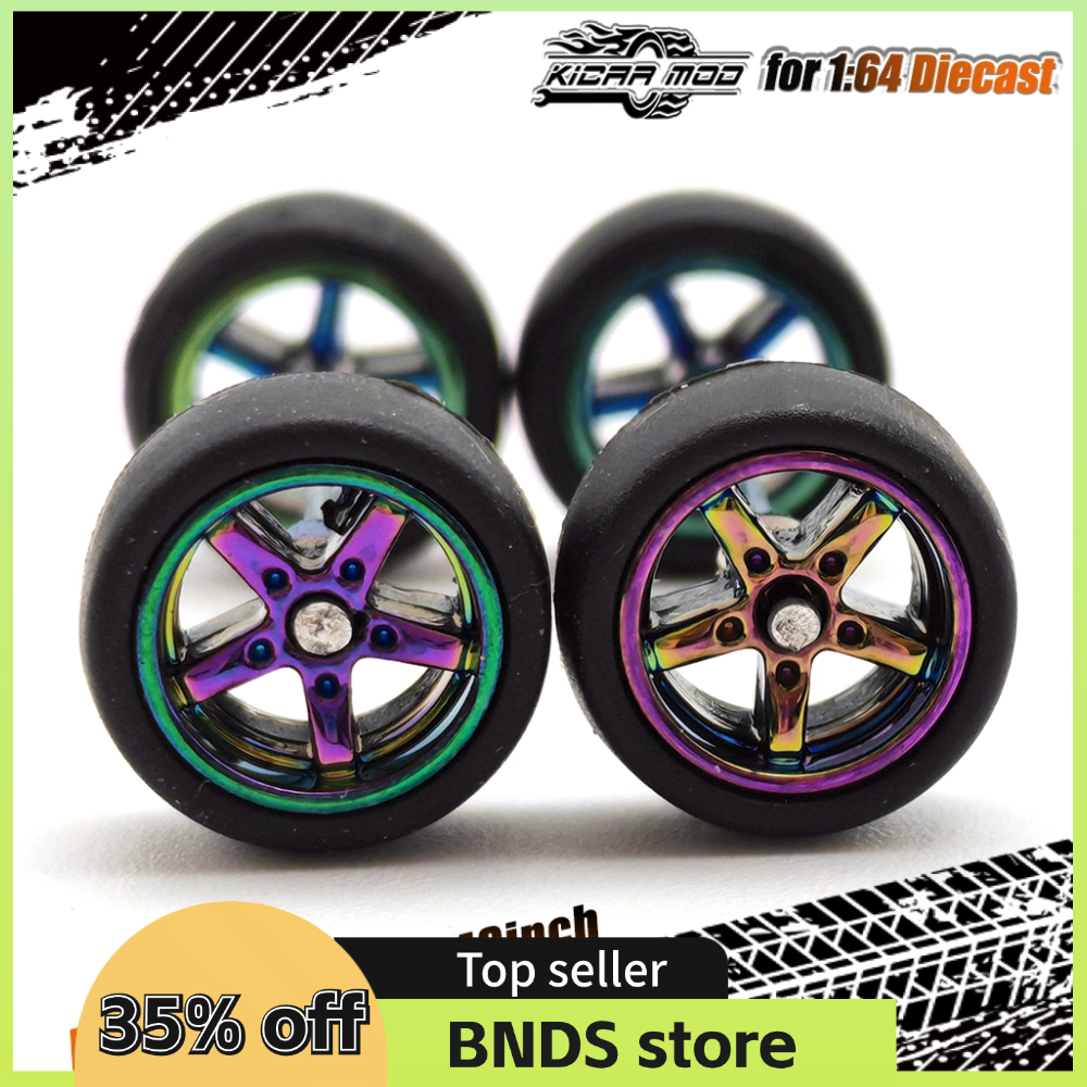 Ruedas de coche modelo 1/64, Color camaleón con neumáticos de goma, coche de juguete de carreras, piezas de modificación de rueda de fuego, 1 Juego