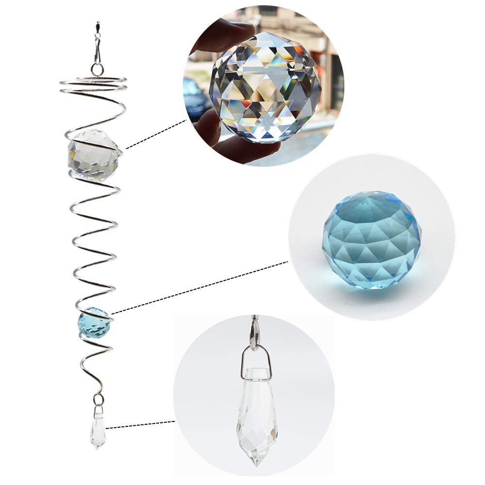 Gazing Ball Spiral Tail Wind Spinner Indoor Outdoor Decoration Stainless Steel Crystal Glass Ball with Hanging Swivel Hook