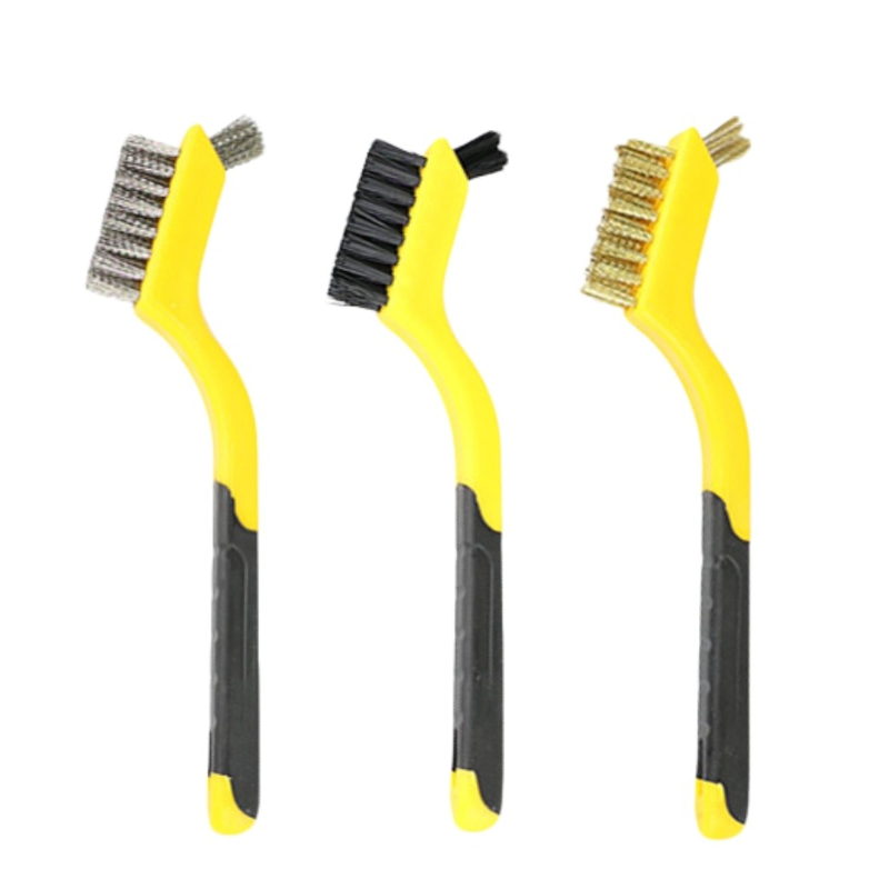 Set di spazzole metalliche Setole in nylon/ottone/acciaio inossidabile con impugnatura curva per la pulizia profonda di ruggine, sporco e vernice: YELLOW