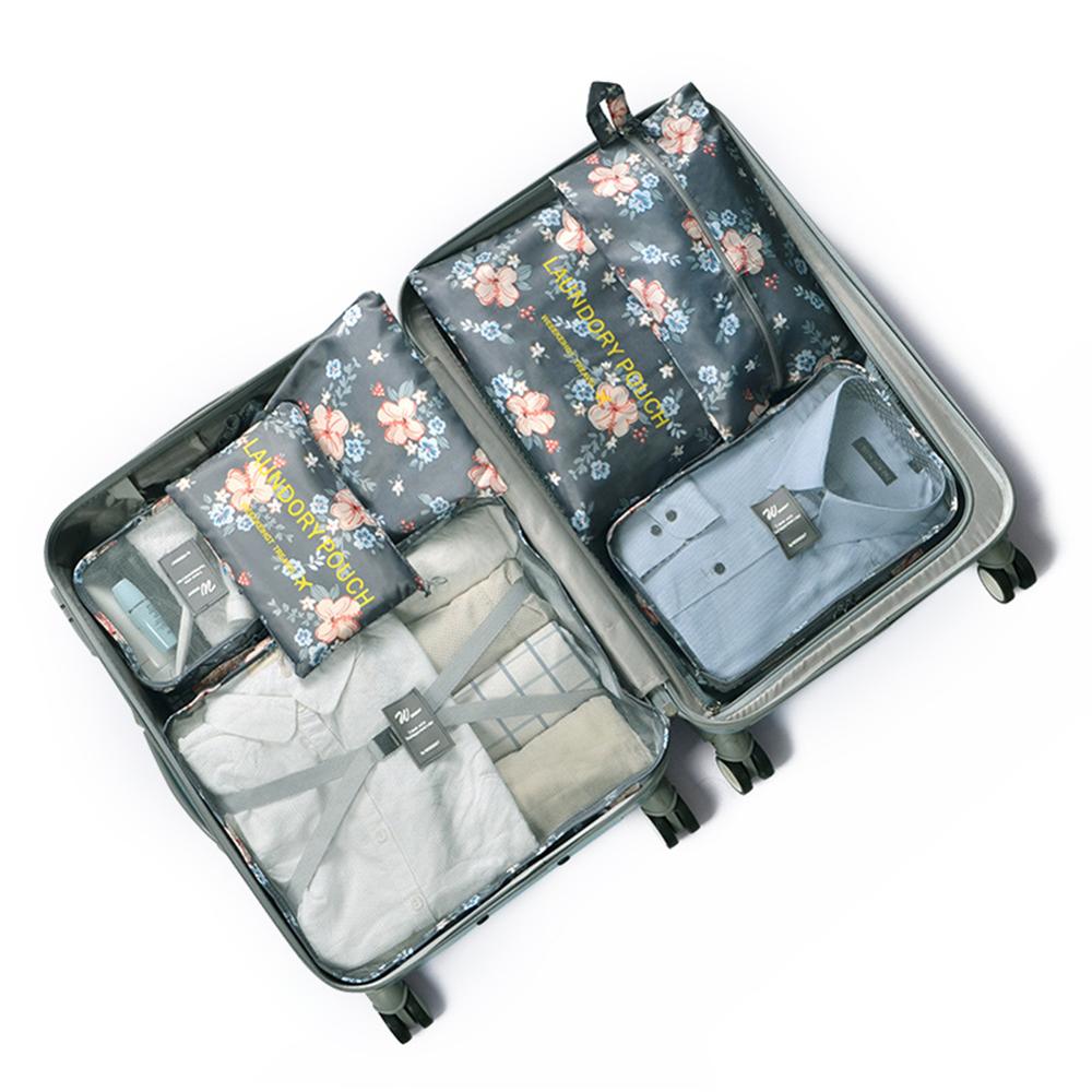 S.IKRR Nylon Packing Cubes Travel Bag Women Waterproof Large Luggage Organizer Set 7pcs Clothes Storting Pouch Cosmetic Bag: Dark Gray Flower