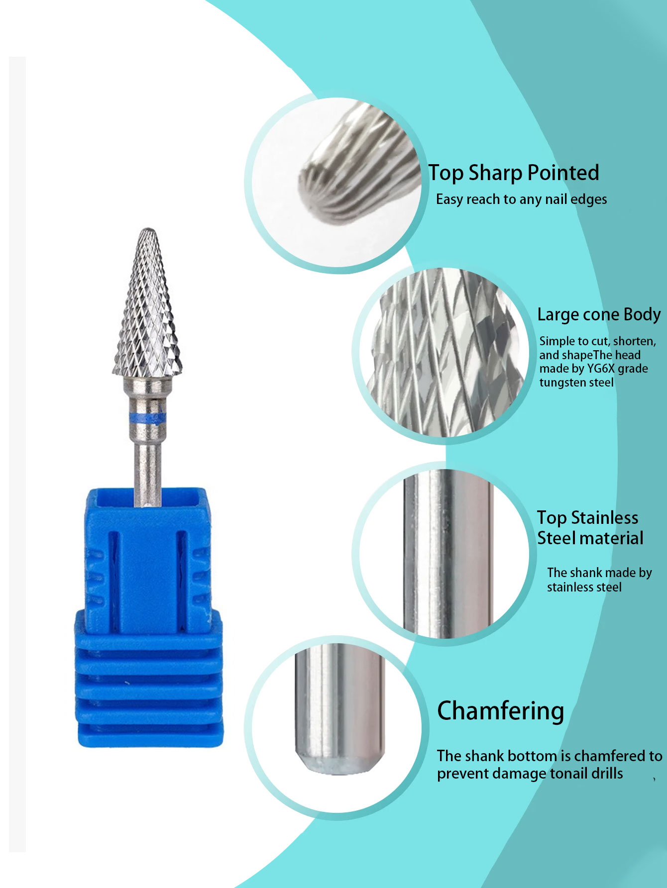 1 Uds. Broca para uñas con forma de cono, fresa de carburo de 3/32 "para gel de uñas, herramienta de accesorios de taladro eléctrico para quitar rebabas rotativas