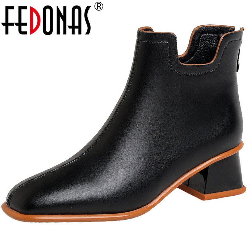 Fedonas Beknopte Vierkante Teen Vrouwen Enkellaars Terug Rits Mode Herfst Winter Dikke Hakken Pompen Trouwschoenen Vrouw