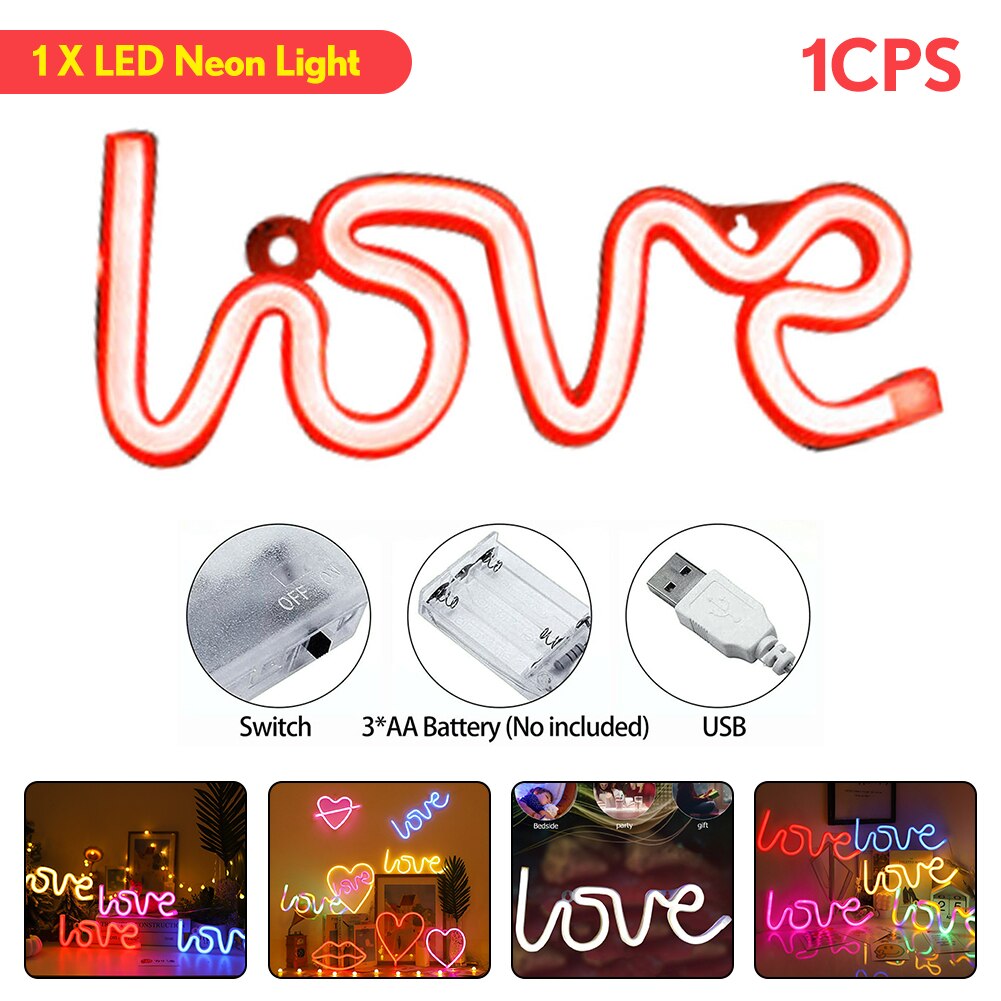 Romantic LOVE Letters LED Night Light USB Charging Home Decor Neon Lamp USB Charging battery box lamp Home led night lamp: Red