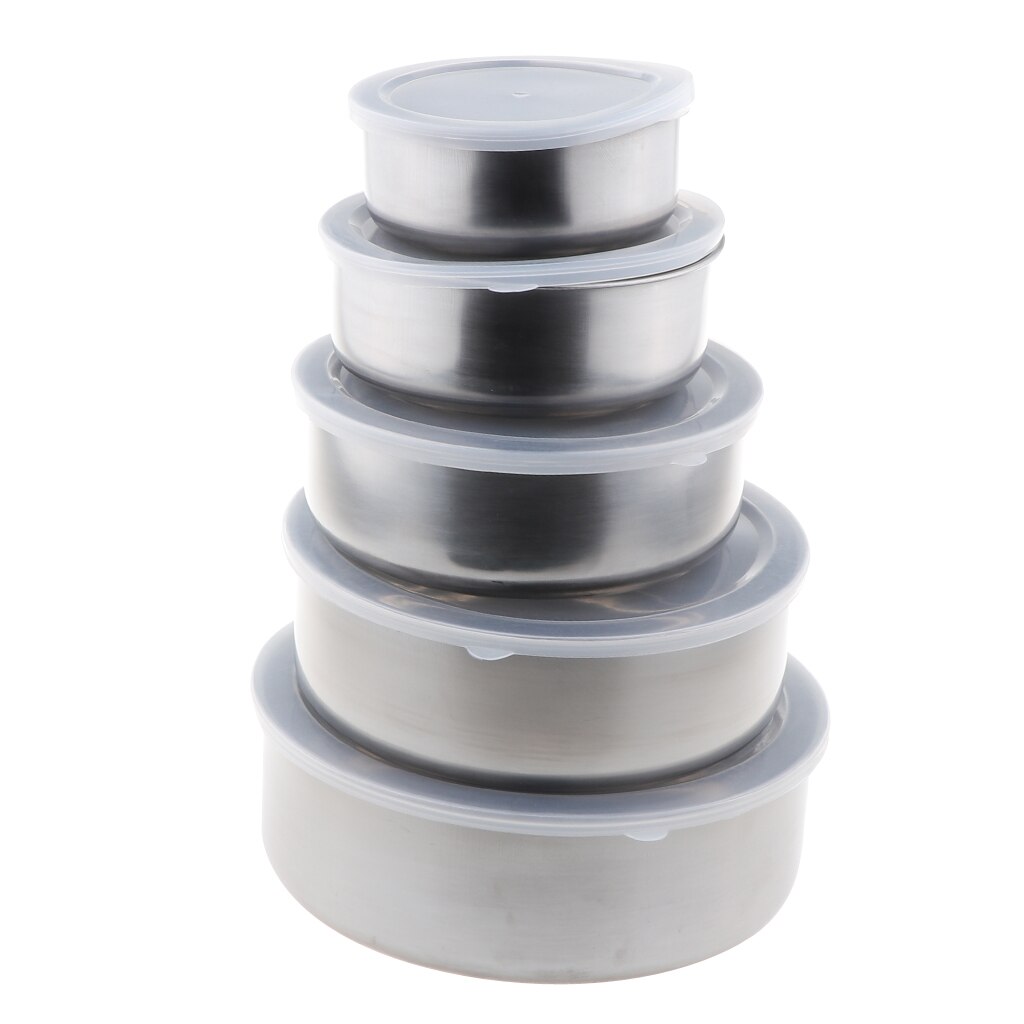 5Pcs Stainless Steel Mixing Bowls Set with Lids Non-Skid Silicone Covered Bowl Set for Food Beads Nuts Fruit Vegetable Container: Steel color