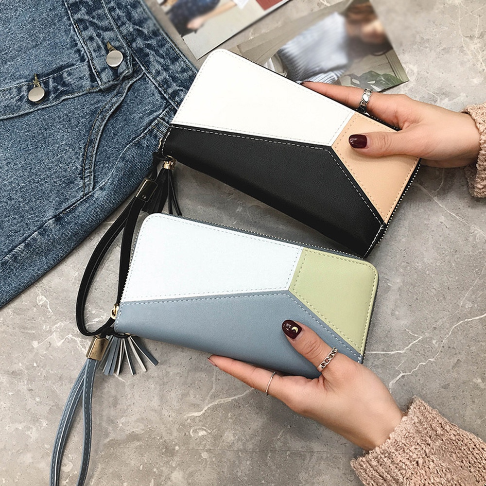 Long wallet wallet women's tassel patchwork long wallet ladies wallet card bag handbag card package W