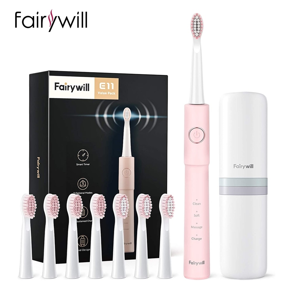 Fairywill E11 Sonic Electric Toothbrush 8 Brush Replacement Heads Waterproof USB Charge Rechargeable Electric Toothbrush Adult