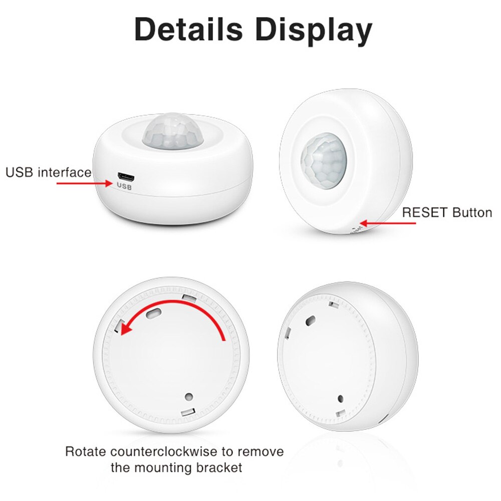 Tuya USB Powered PIR Motion Sensor Detector 360° Detection WIFI Movement Sensor Smart Life APP Home Security Alexa Routine Set