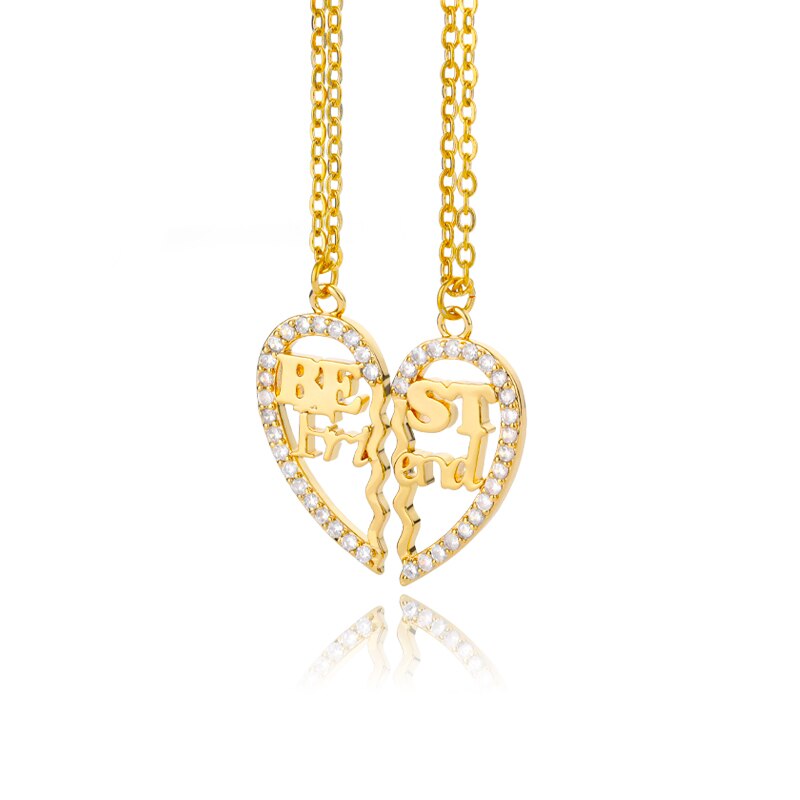 2 pieces zircon spliced love heart necklaces for women stainless steel gold letter best friend necklace boho jewelry friendship: Gold color