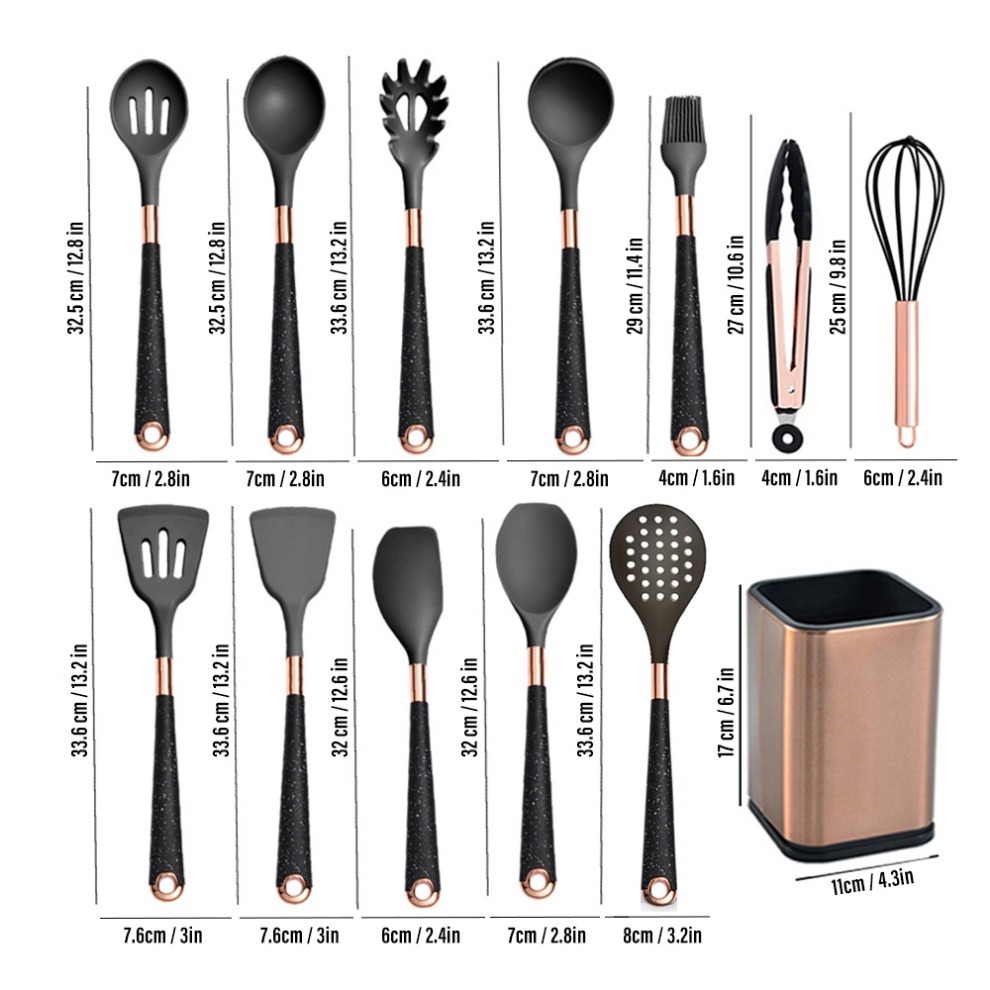 Silicone Cooking Utensils Set Heat Resistant Kitchen Spatula Spoon Non-Stick Tools With Rose Gold-Plated Handle And Holder