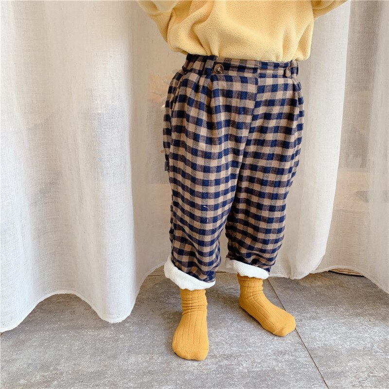 Tonårspojkar byxor barn vinter rutiga haremsbyxor hip hop stil byxor casual lösa flickor legging bomull baby byxor: Brun / 12m(80)