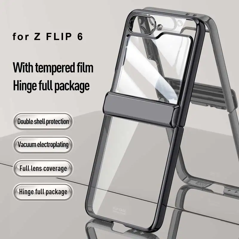 Bisagra plegable transparente galvanizada para Samsung Galaxy Z Flip 6, funda con película de espejo, cubierta dura todo incluido a prueba de golpes