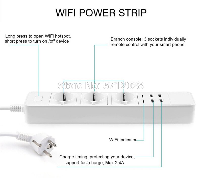 WiFi Smart Power Strip 4 USB Prorts EU Plug 10A Energy monitoring Surge Protector Timer support Alexa Google IFTTT Smart Life