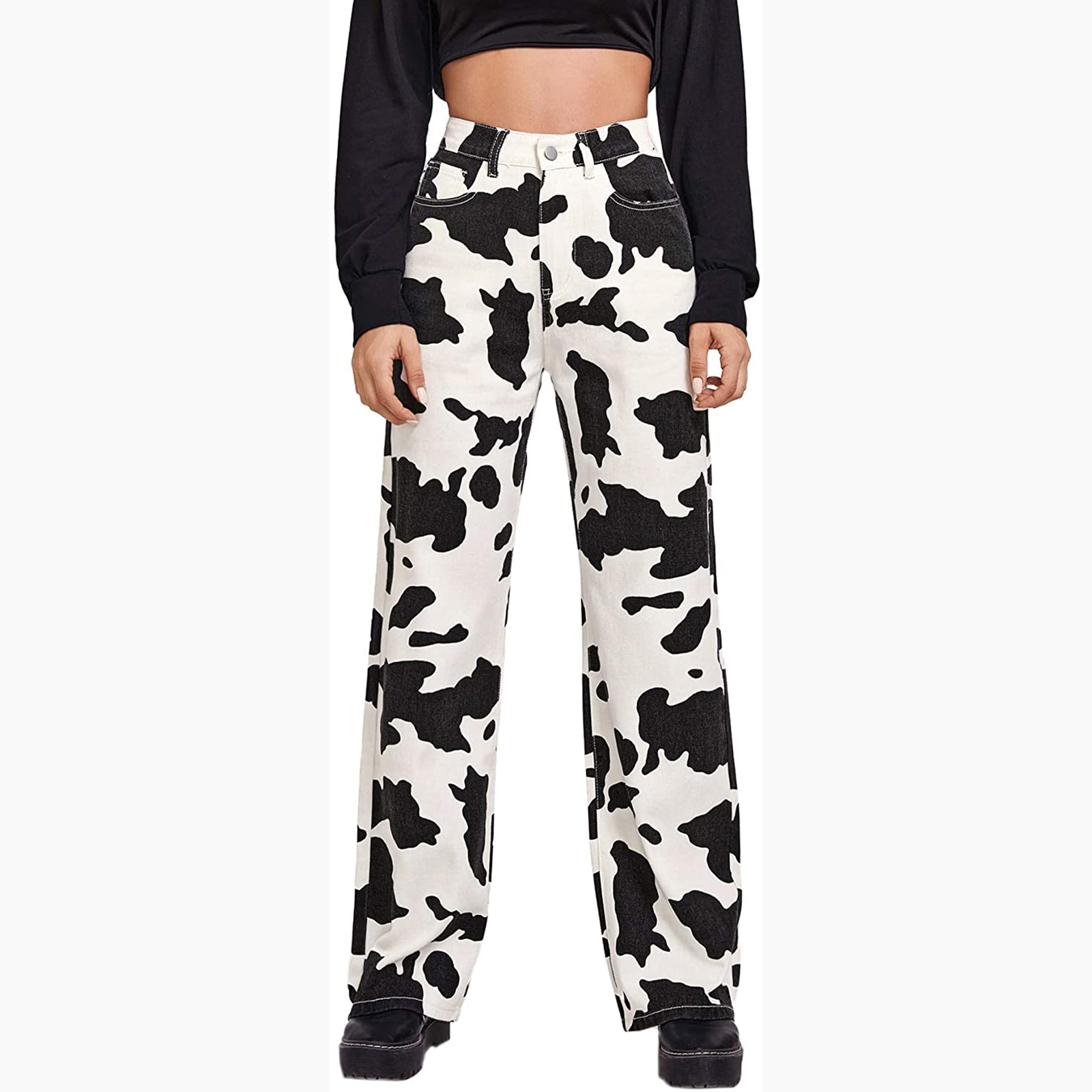 Pantalones vaqueros con estampado de vaca y leche para mujer, vaqueros de cintura alta, ajustados, rectos, informales, Harajuku