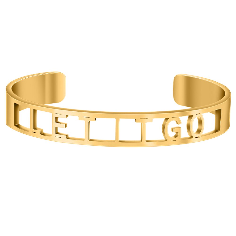 Cor do ouro oco para fora de aço inoxidável palavras inspiradoras positivas mantra mantra mantra pulseira pulseiras para homem presente feminino: LET IT GO