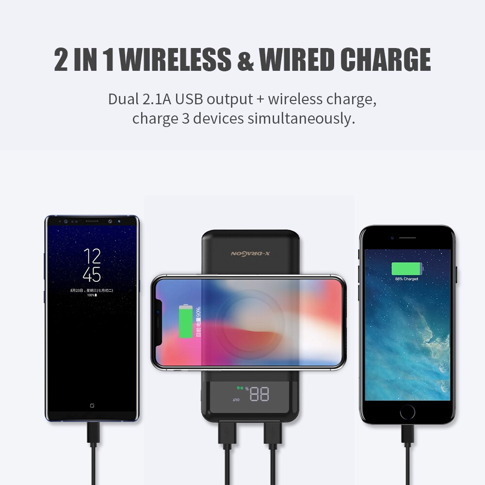 Cargador de batería externo inalámbrico para teléfono, batería de polímero de litio de 10000mAh para iPhone X, Xr, Xs, max, 11, 12 Pro, Samsung y Huawei