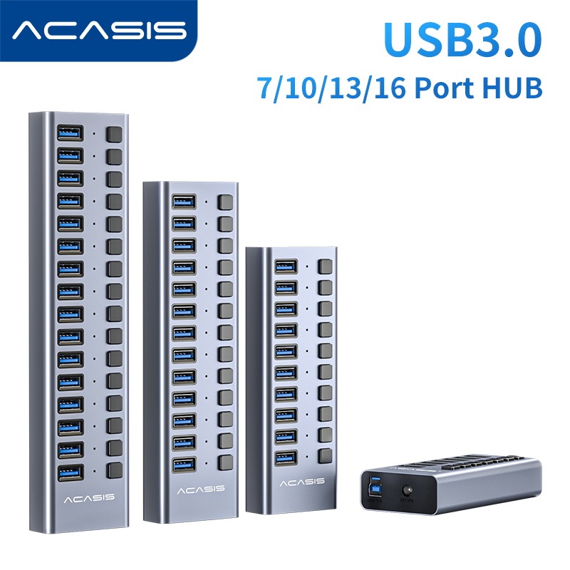 Acasis Multi-Ports Powered USB 3.0 HUB USB Extension with On/Off Switches 15V Adapter Support Splitter Computer Accessories