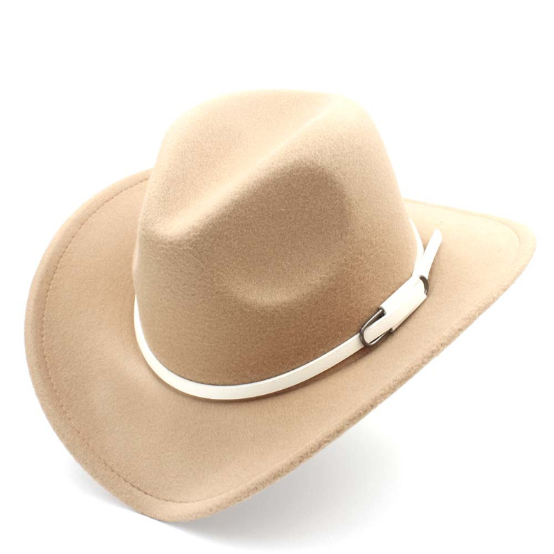 retro kvinner menn ull vestlig cowboyhatt rull-opp avlet kant filt cowgirl jazz gudfar sombrero lokk med hvitt belte størrelse 56-58cm: kaki