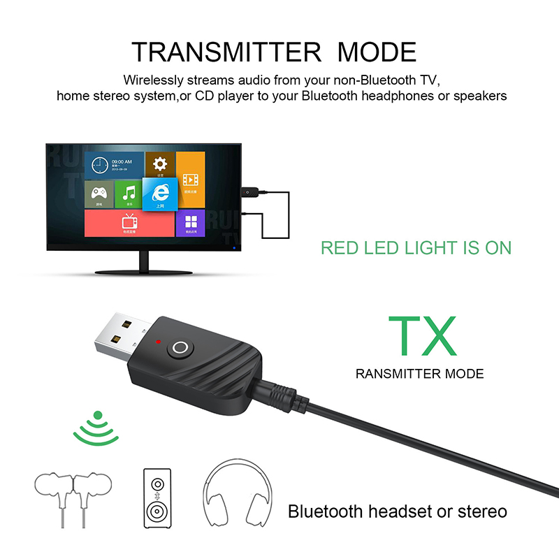 Bluetooth 5.0 sovitin aux audio vastaanotin lähetin 2 in 1 3.5mm jack langaton sovitin ledillä tv kuulokkeille pc autotietokone