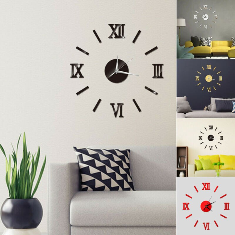 Moderne Diy Aantal Muursticker 3D Klok Spiegel Oppervlak Home Decor Art Giant Behang Klok Horloge Met Romeinse Cijfers Grote klok