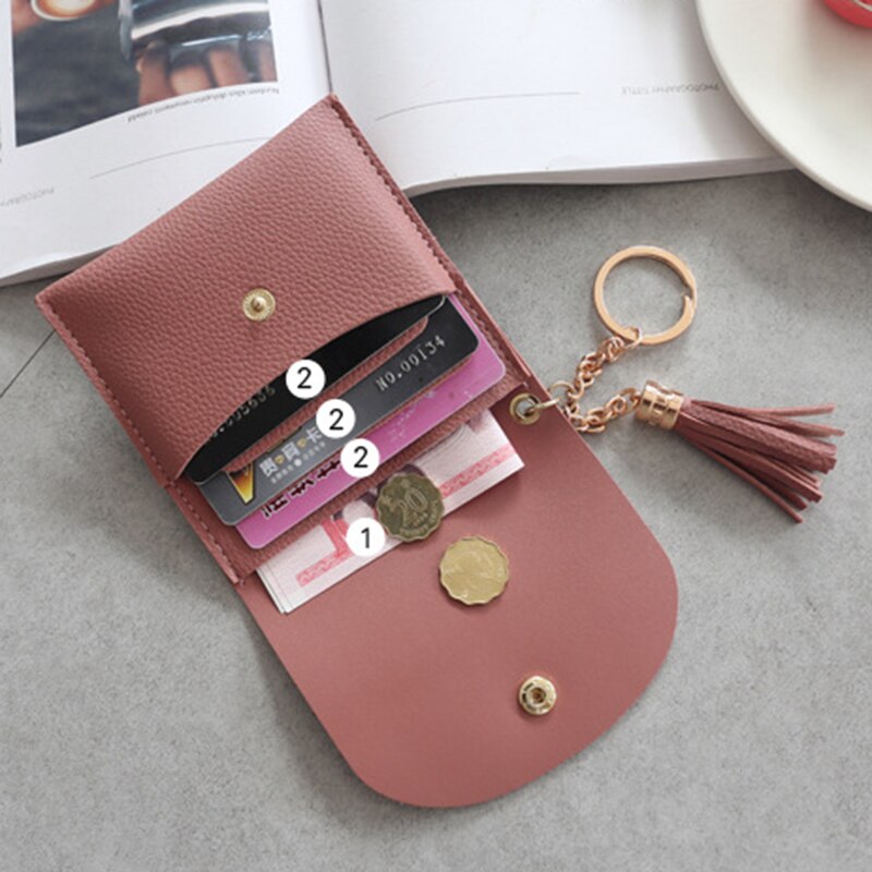 Geldbörsen Frauen Geldbörse Damen Pu Leder Quaste & Metall Ring Kupplung Keychain Dünne Schlüssel Tasche Karte Halfter Mini Beutel