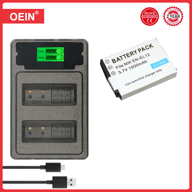EN-EL12 ENEL12 1500mAh Battery and LED USB Charger for Nikon Coolpix A1000 B600 W300 A900 AW100 AW110 AW120 AW130 S6300 S8100: RED