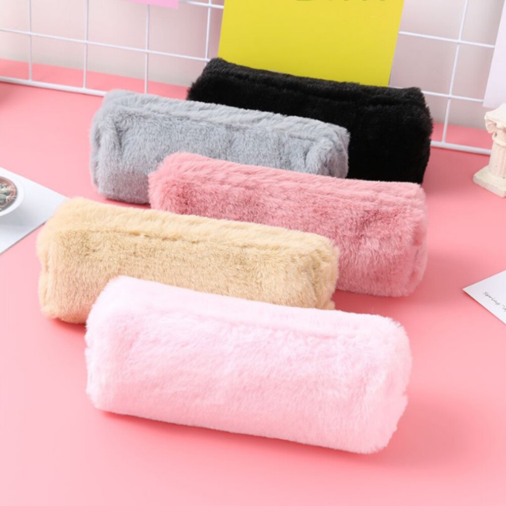¡Novedad de ! estuche para lápices con Oso de felpa esponjoso para chicas, bonito estuche para maquillaje, bolsa de almacenamiento suave para mujeres, bolsa para cosméticos de Color sólido suave para chicas