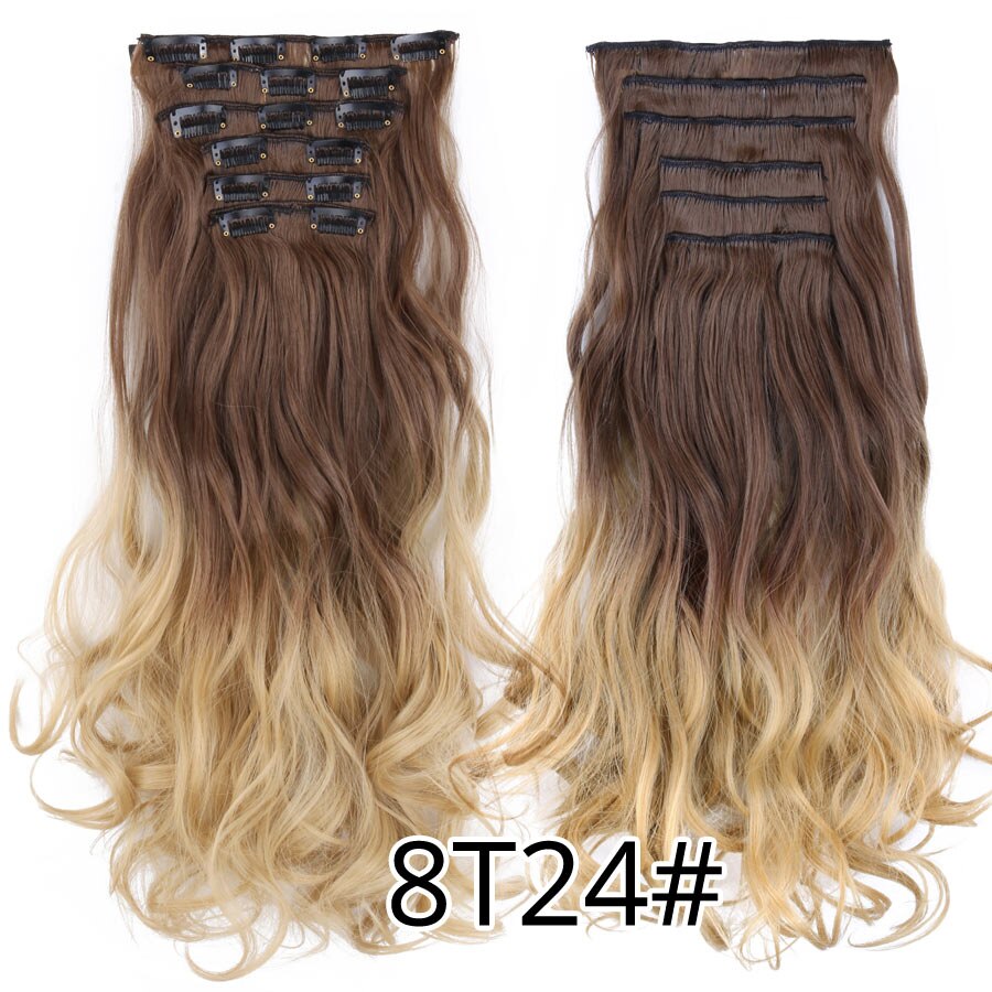 Leeons 16 clip in hair extensions hårtilbehør langt krøllet hår extension clip syntetisk varmebestandig fiber ombre farve: 8 t 24