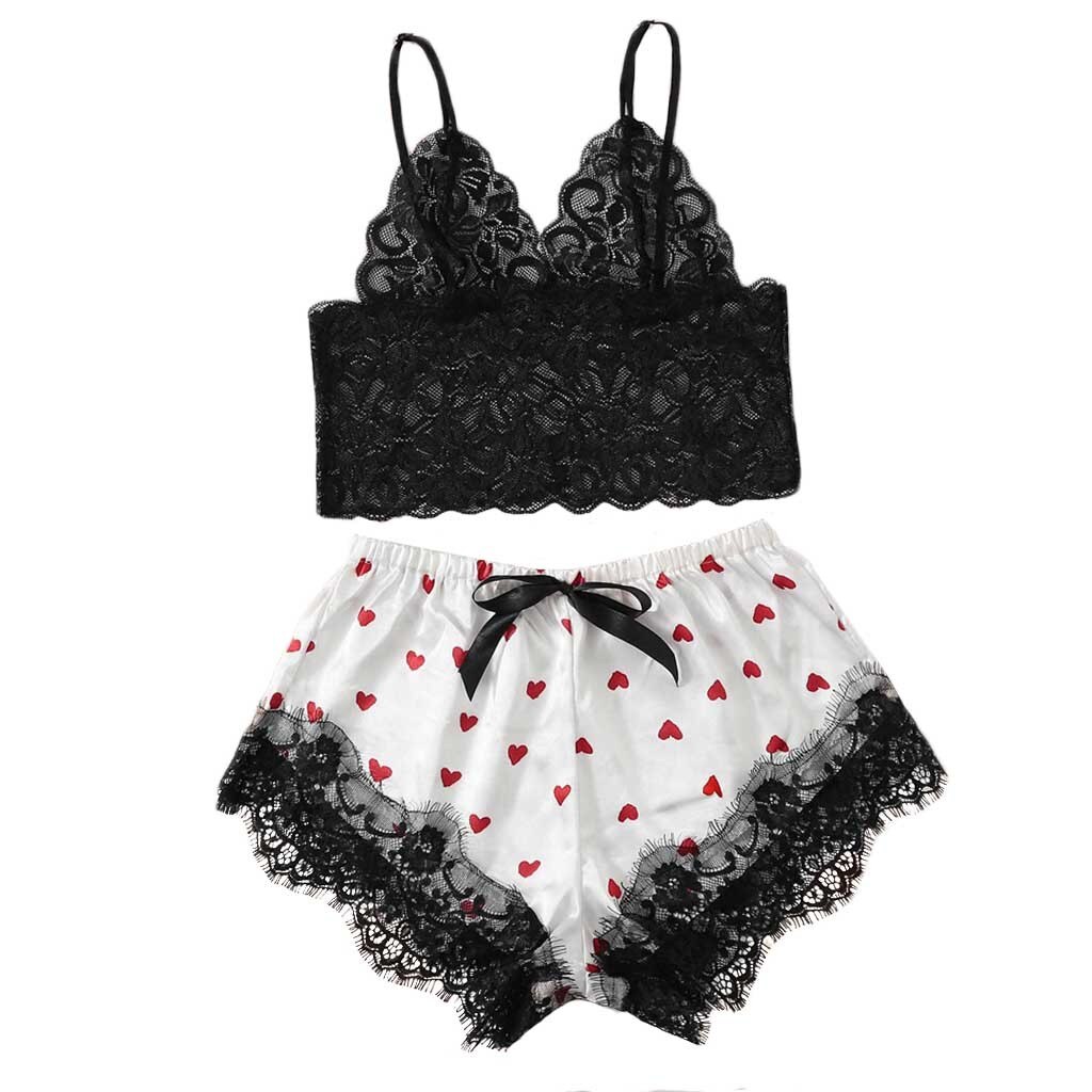 Ladies sexy pajamas Top with elastic bow top Satin Lace Silk Print Camisole Shorts Bow Set Sleepwear Pajamas Lingerie summer dot