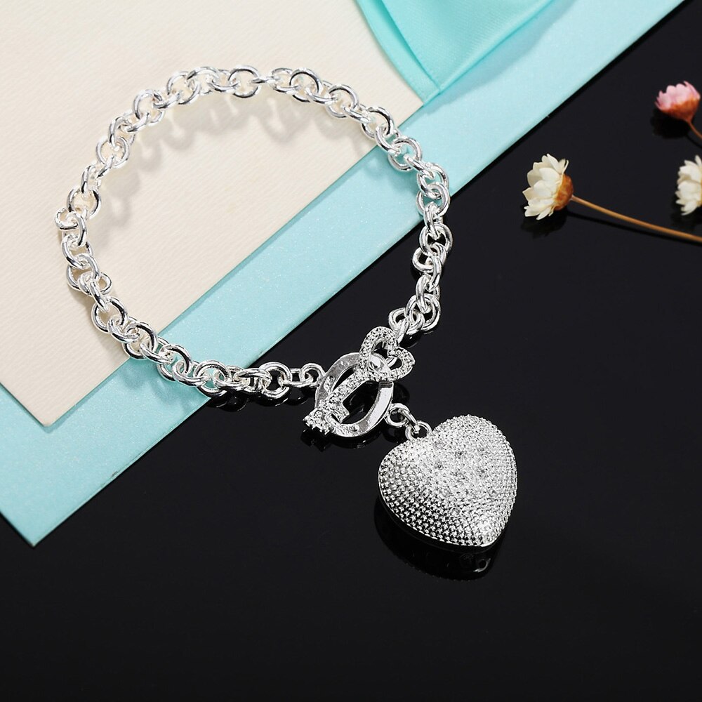 Pulseras con forma de candado de corazón para mujer, de Plata de Ley 925, hebilla, cadena de , , brazaletes de con dijes de , joyería