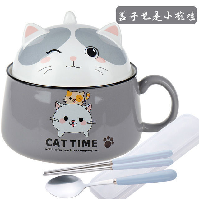 Cartoon Cat Bowl Ceramic Bowl Large Capacity Soup Bowl Kitchen Tableware Salad Bowl Ramen Noodle Bowl With Lid Spoon Fruit Bowl: Gray  tableware