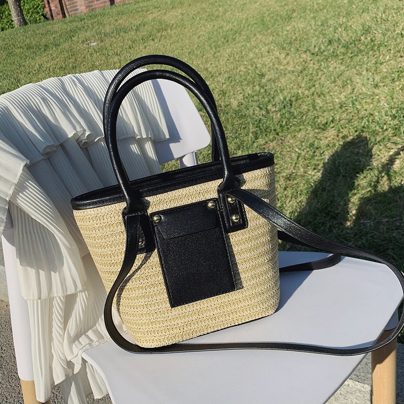 Sacs à main en rotin tissé pour femmes, sacs messenger à épaule, sac de plage d'été en pu patchwork, sacs en paille seau, bourses décontracté