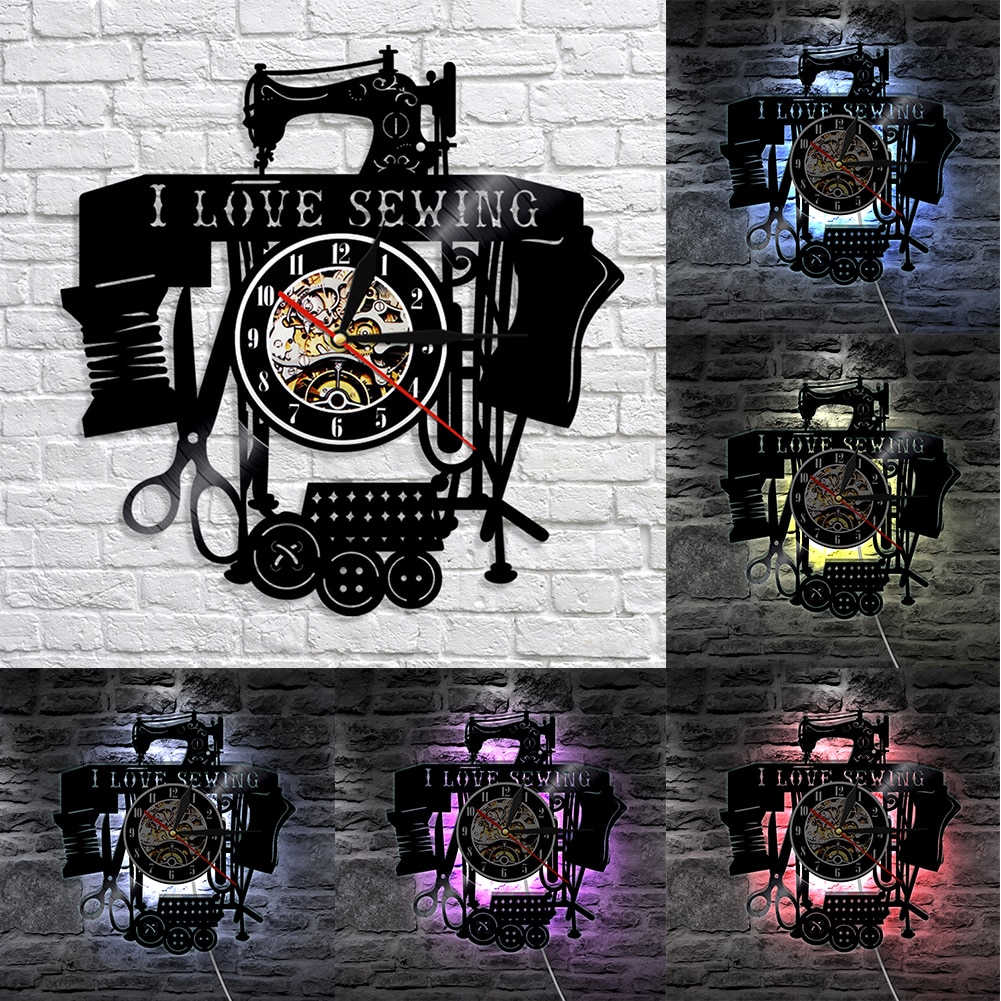 årgang håndlaget jeg elsker symaskin stille tallerken veggklokke hjem bar dekor stille kvarts bevegelse med / uten lys