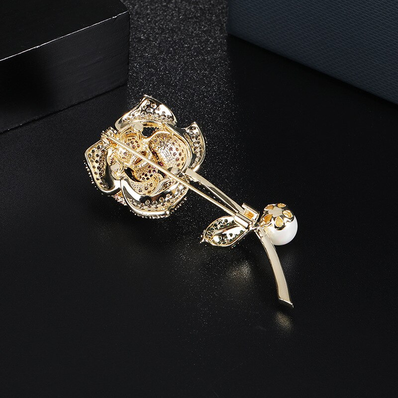 HOYON Brooch - White Gold & Champagne Gold - Pearl Flower - 14k Stamp - Vintage Style