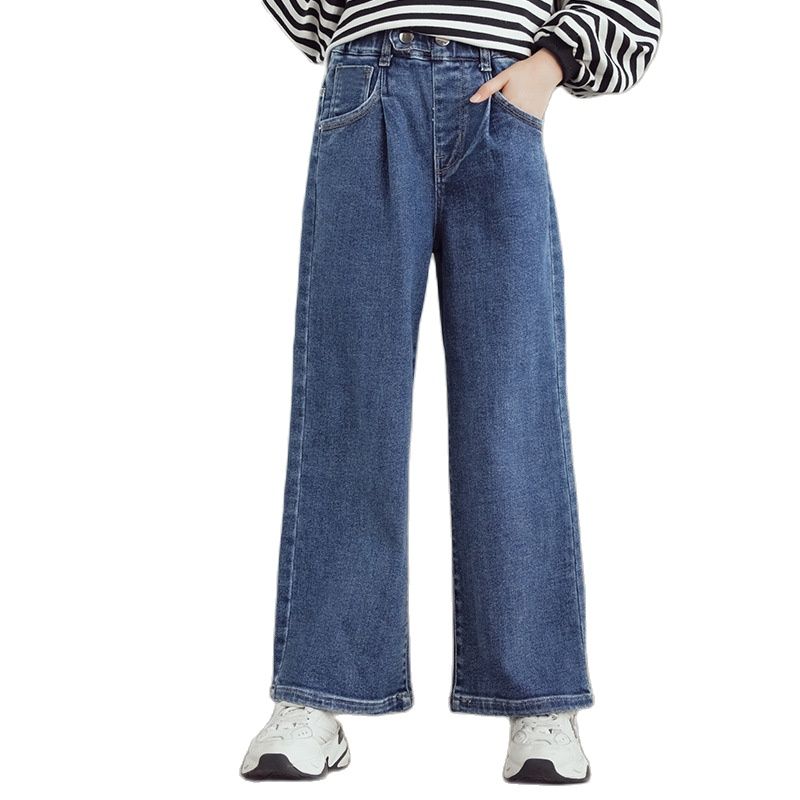 Spring Autumn Loose Teenage Girls Wide Leg Jeans Solid Color Casual Trousers Kids Children Denim Pant 10 11 12 13 14 15 16years