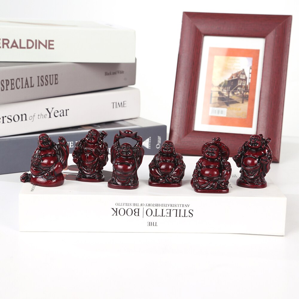 Set zes Boeddha groep hars Maitreya huis Feng Shui ornamenten lachende Boeddha grote buik Boeddha ambachten ornamenten: Redwood