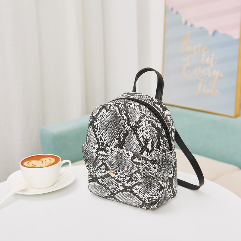 Women Ladies Snakeskin Pattern Backpack Ladies Stylish Small Zipper Purse Casual PU Satchel for Travel Shopping