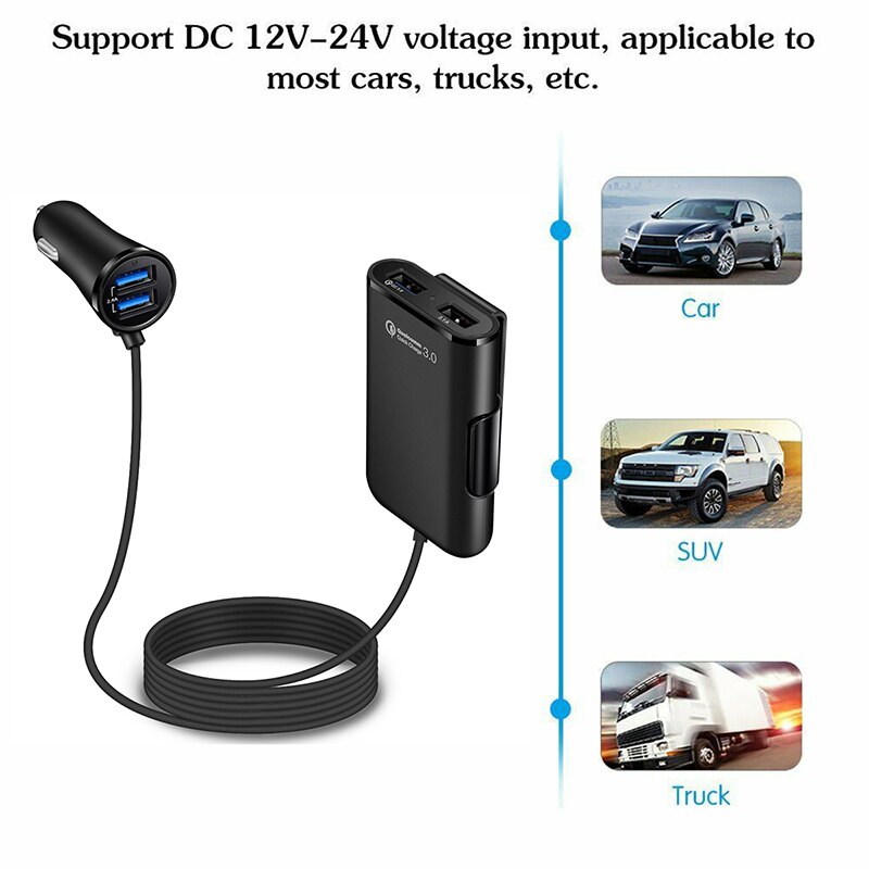 60W 8A przednie/tylne siedzenie 4 Port USB szybkie ładowanie 3.0 ładowarka samochodowa dla iPhone 12 Huawei szybka ładowarka do telefonu Xiaomi Samsung